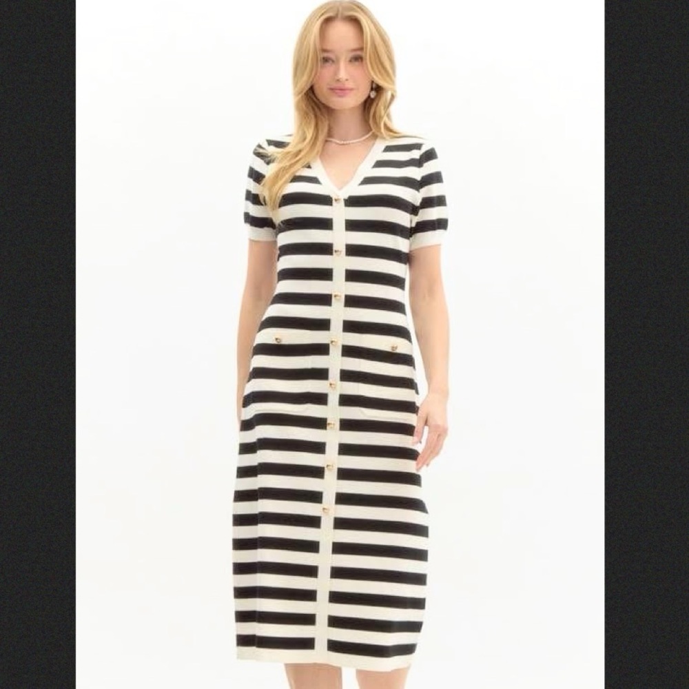 entro Black and White Striped Midi Dress